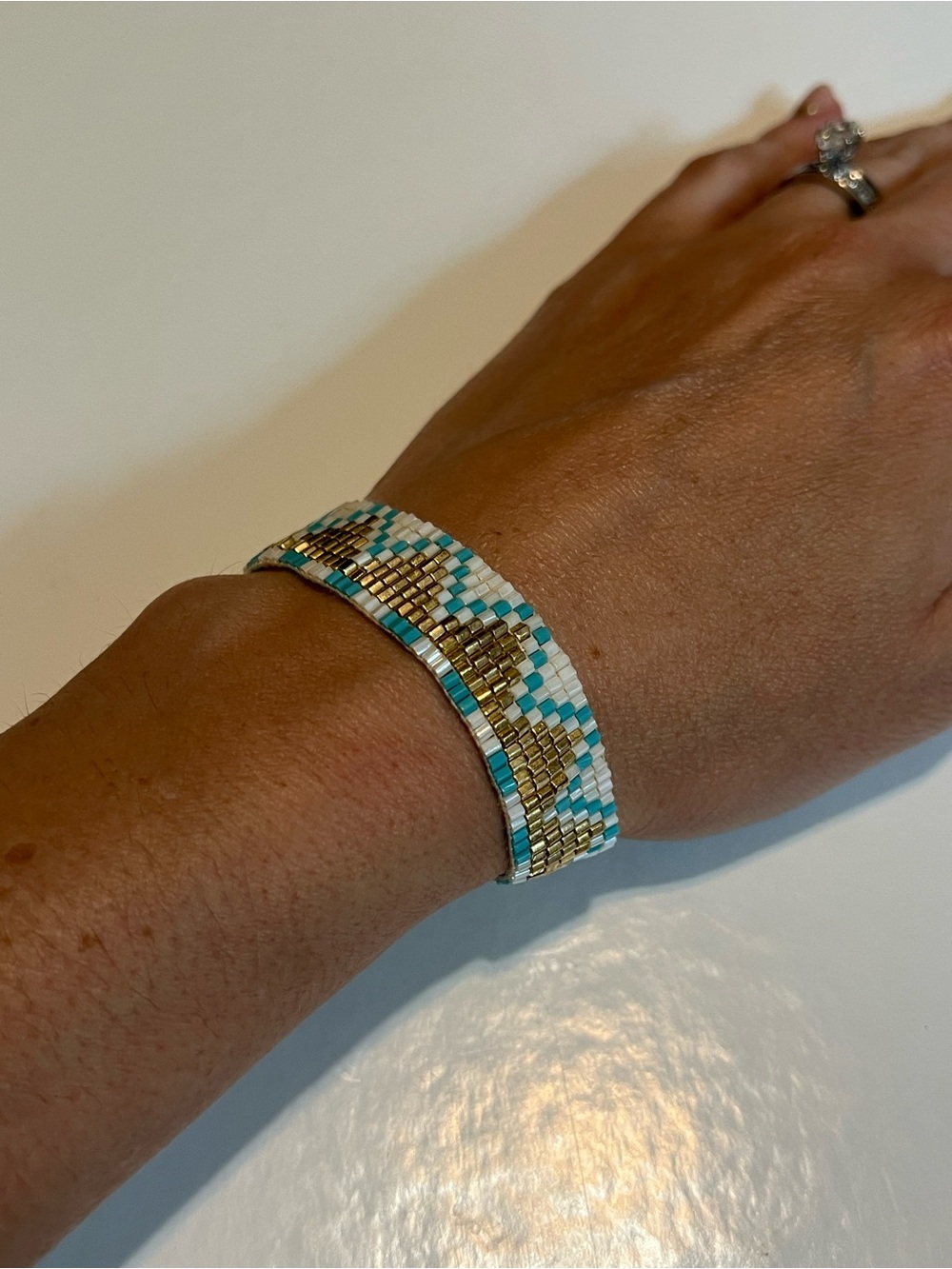 Anthropologie Turquoise, White & Gold Seed Bead Cuff Bracelet